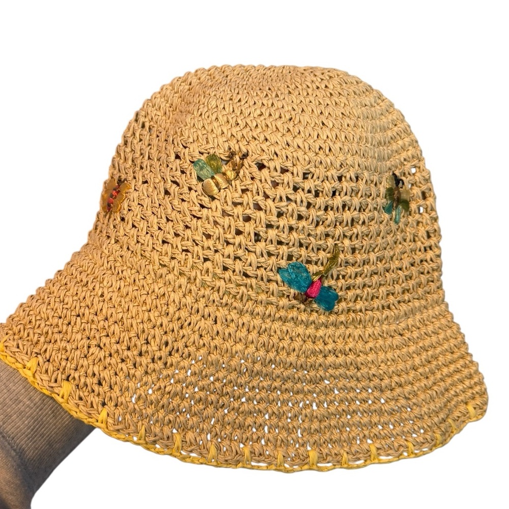Y2K Villager Liz Claiborne Woven Straw Hat with Embroidered Colorful Butterflies